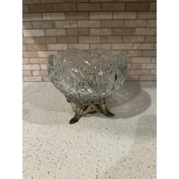 Hollywood Regency Pressed Glass Trinket Bowl Dish Brass Legs - Picture 3 of 5